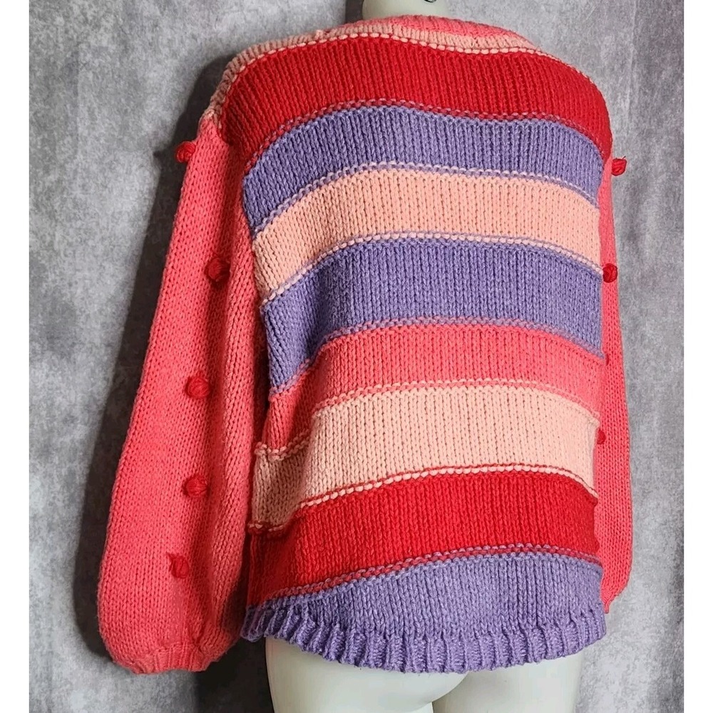 Umgee Striped‎ Relaxed Knit Crew Neck Long Sleeve Sweater Pullover Small Pompoms - Picture 6 of 8